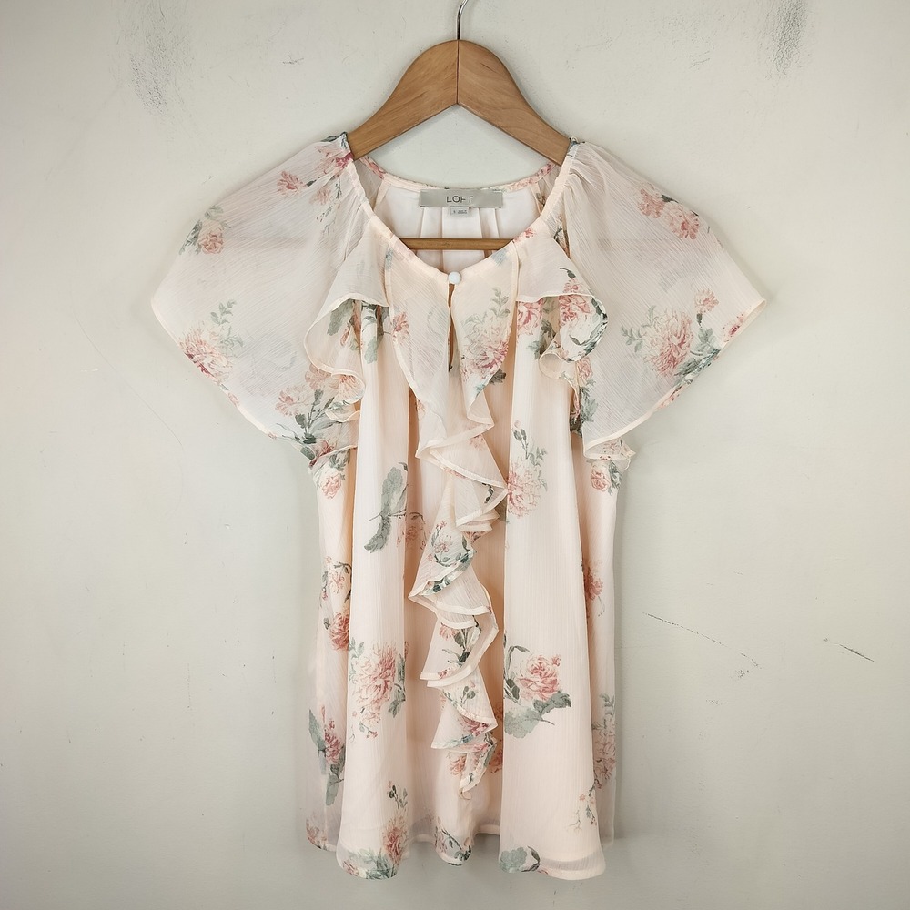LOFT Floral Ruffle Blouse Small Flutter Sleeve Feminine Cottage Peach Pink
